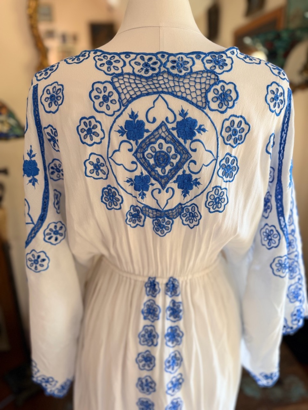 Fillyboo White Maxi Dress with Blue Embroidery and Tassel Drawstring - Picture 4 of 8